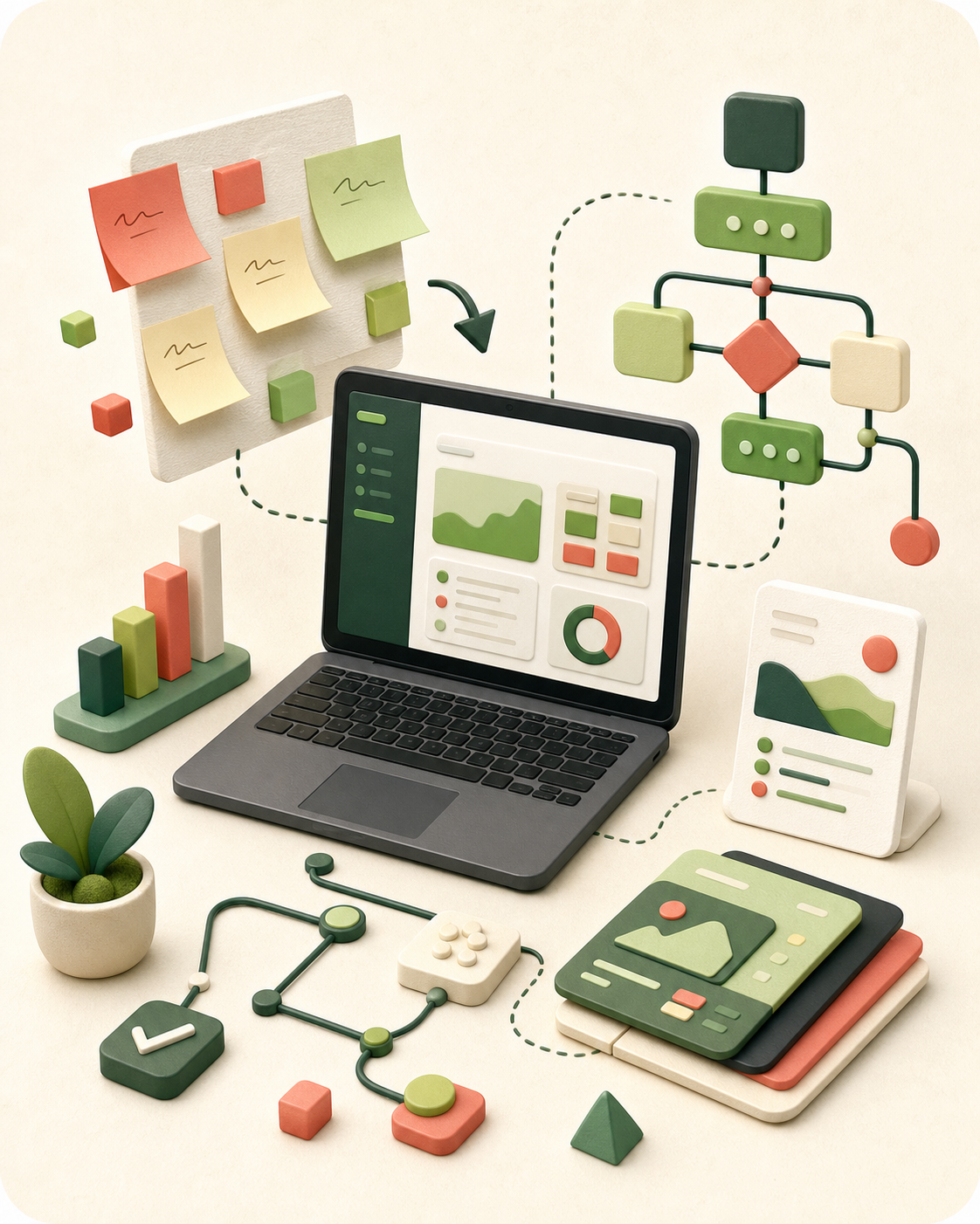 Minh hoạ không gian làm việc của Business Analyst với dashboard, ghi chú và sơ đồ quy trình